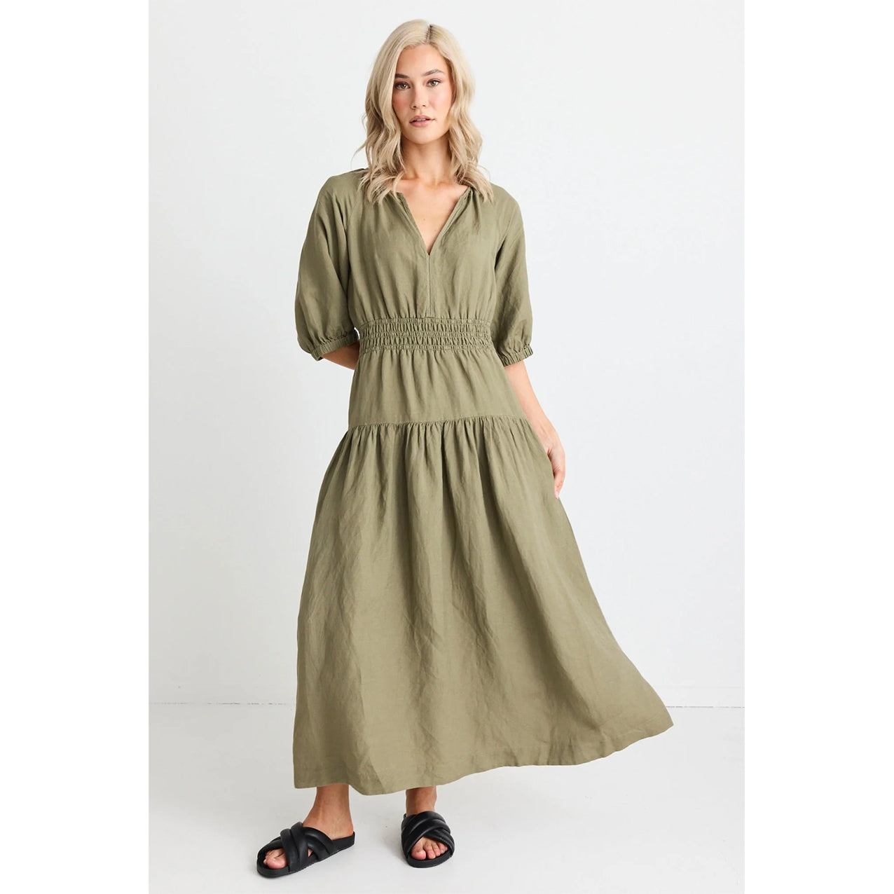 Retreat Soft Khaki Linen Tiered Maxi Dress