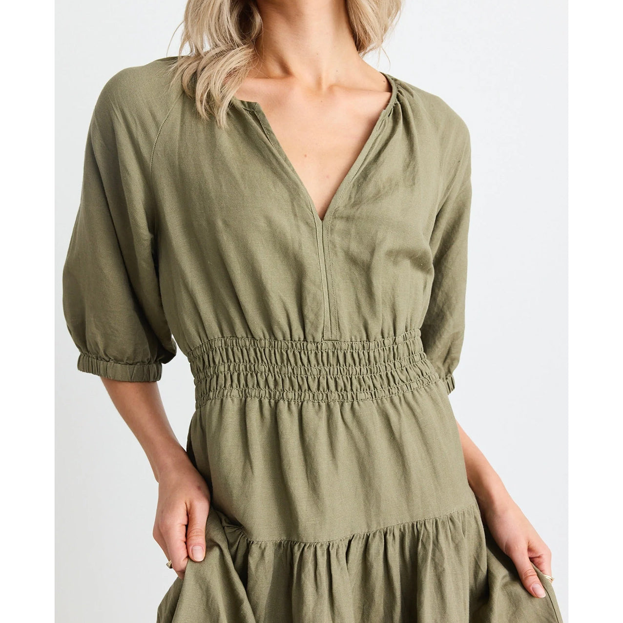 Retreat Soft Khaki Linen Tiered Maxi Dress