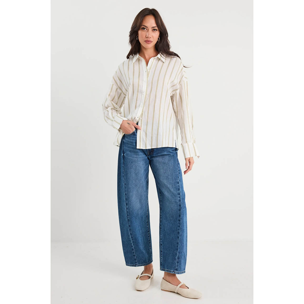 Reveal Khaki Stripe Tie Back Shirt