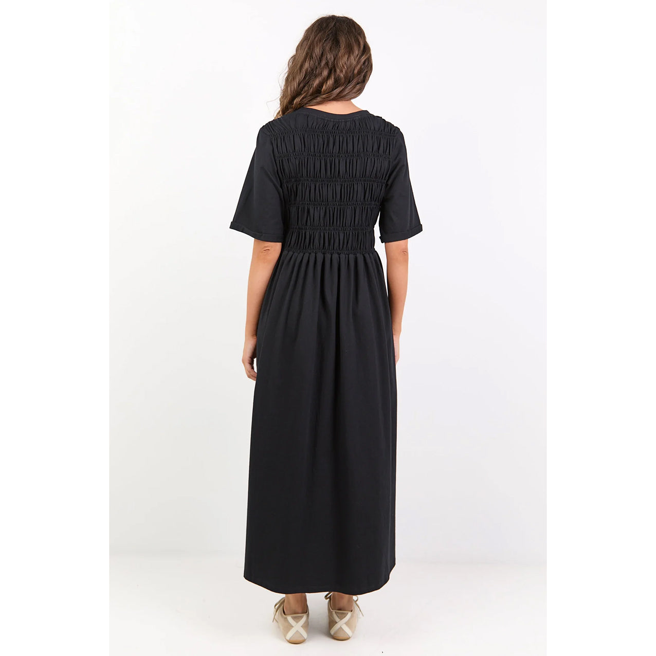 Ripple Black Shirred Bodice Knit Midi Dress