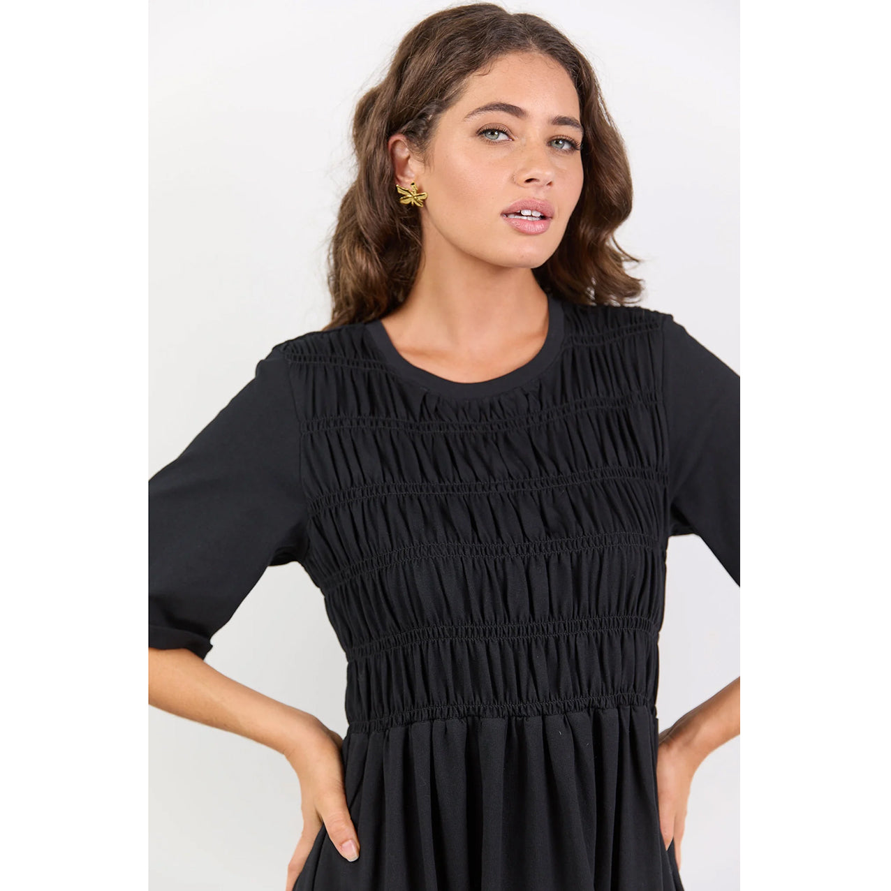 Ripple Black Shirred Bodice Knit Midi Dress