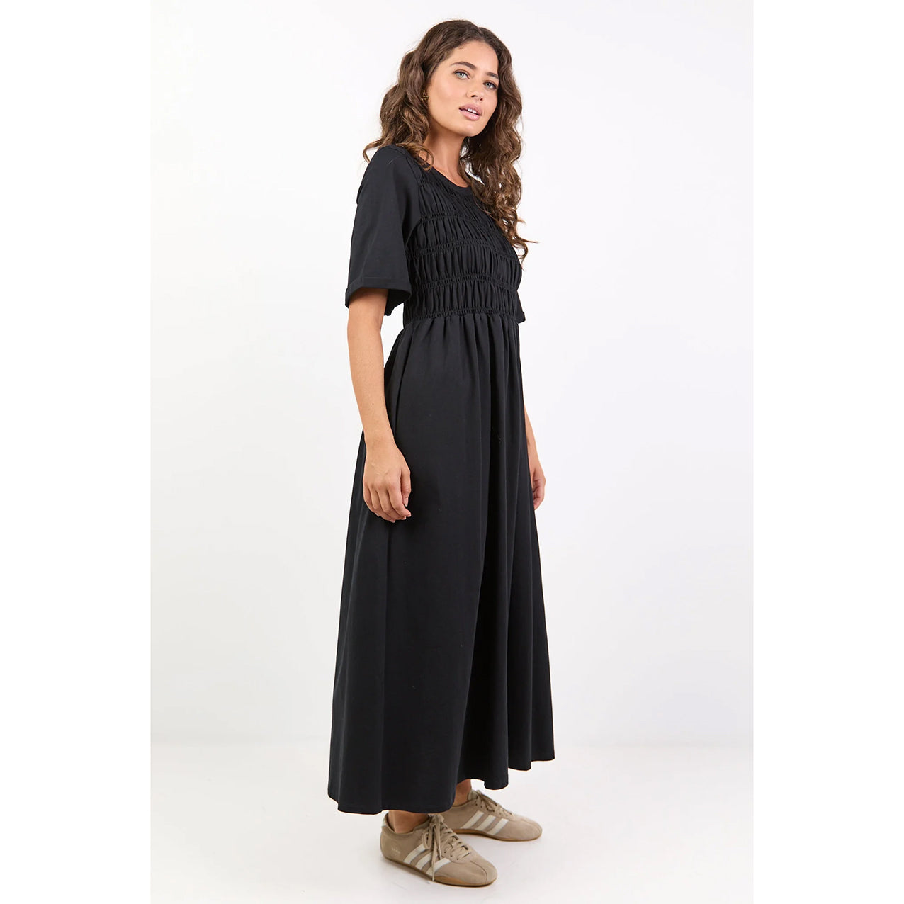 Ripple Black Shirred Bodice Knit Midi Dress
