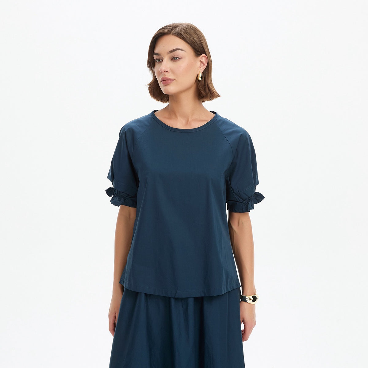 Ruffle Sleeve Detail Top Ocean Navy