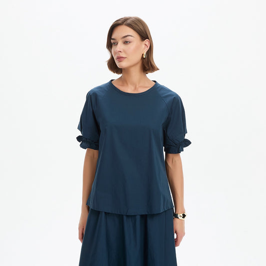 Ruffle Sleeve Detail Top Ocean Navy