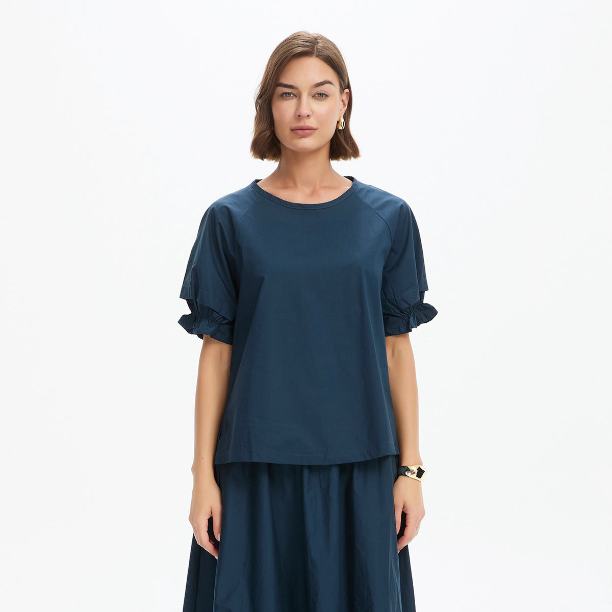 Ruffle Sleeve Detail Top Ocean Navy