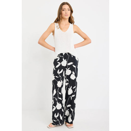 Beneficial B&W Floral Flat Front Elastic Back Pants