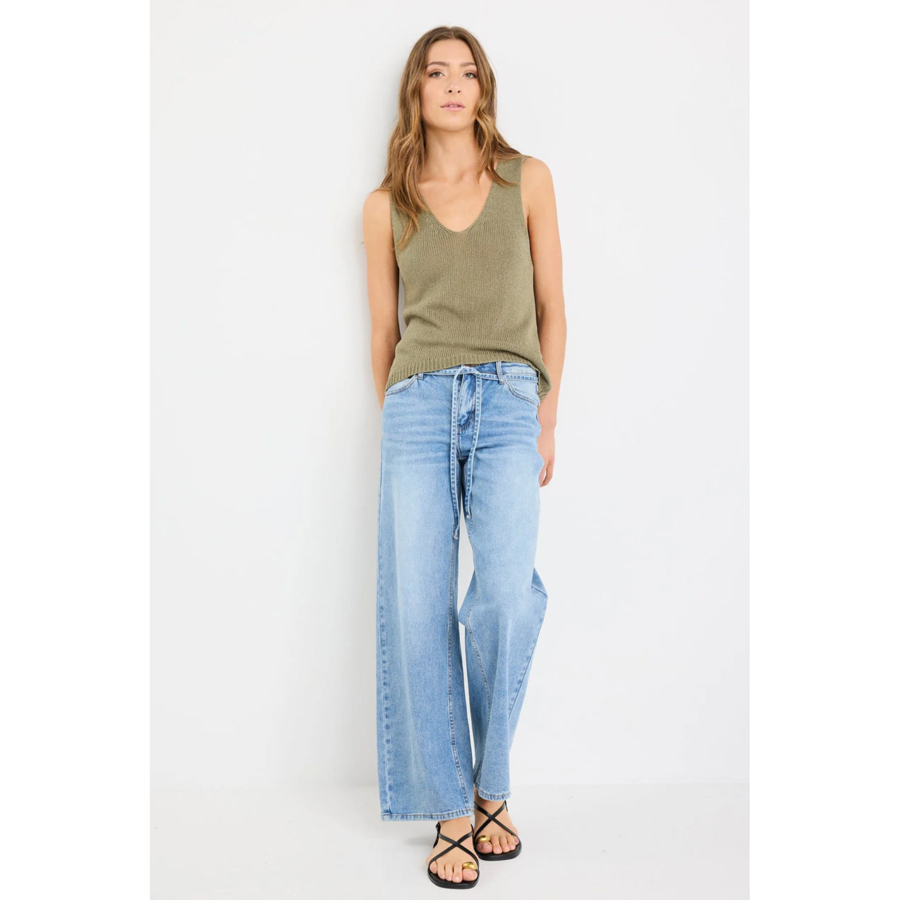 Settler Khaki V Neck Sleeveless Knit Top