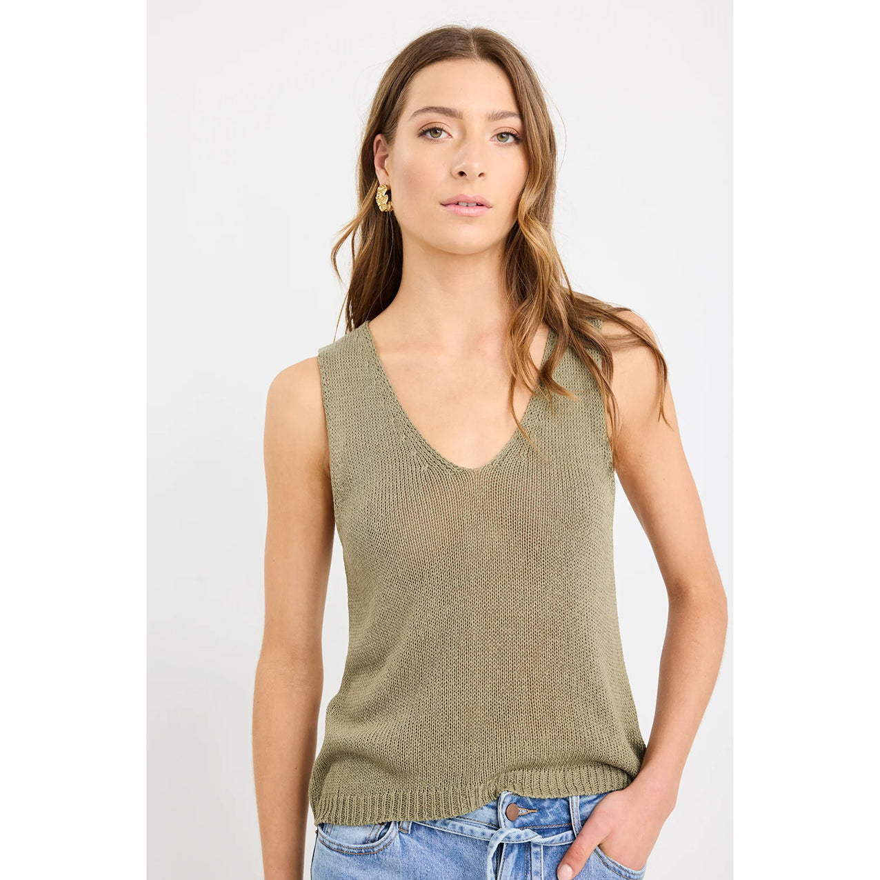 Settler Khaki V Neck Sleeveless Knit Top