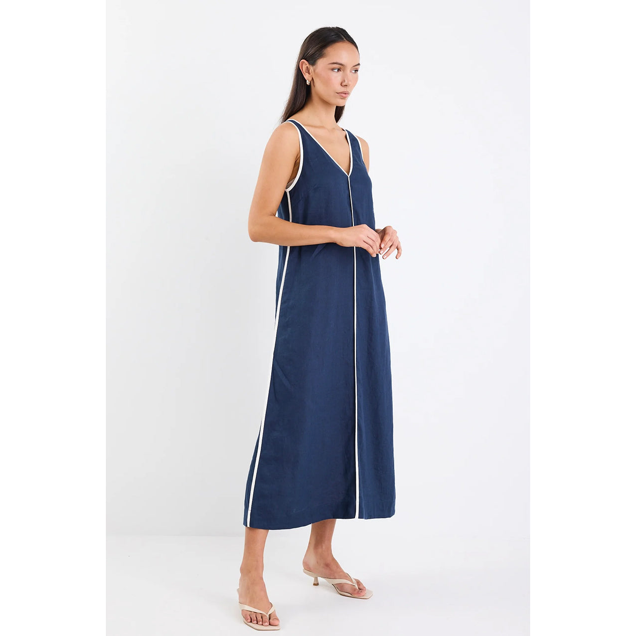 Siesta Navy Linen Contrast Sleeveless Maxi Dress