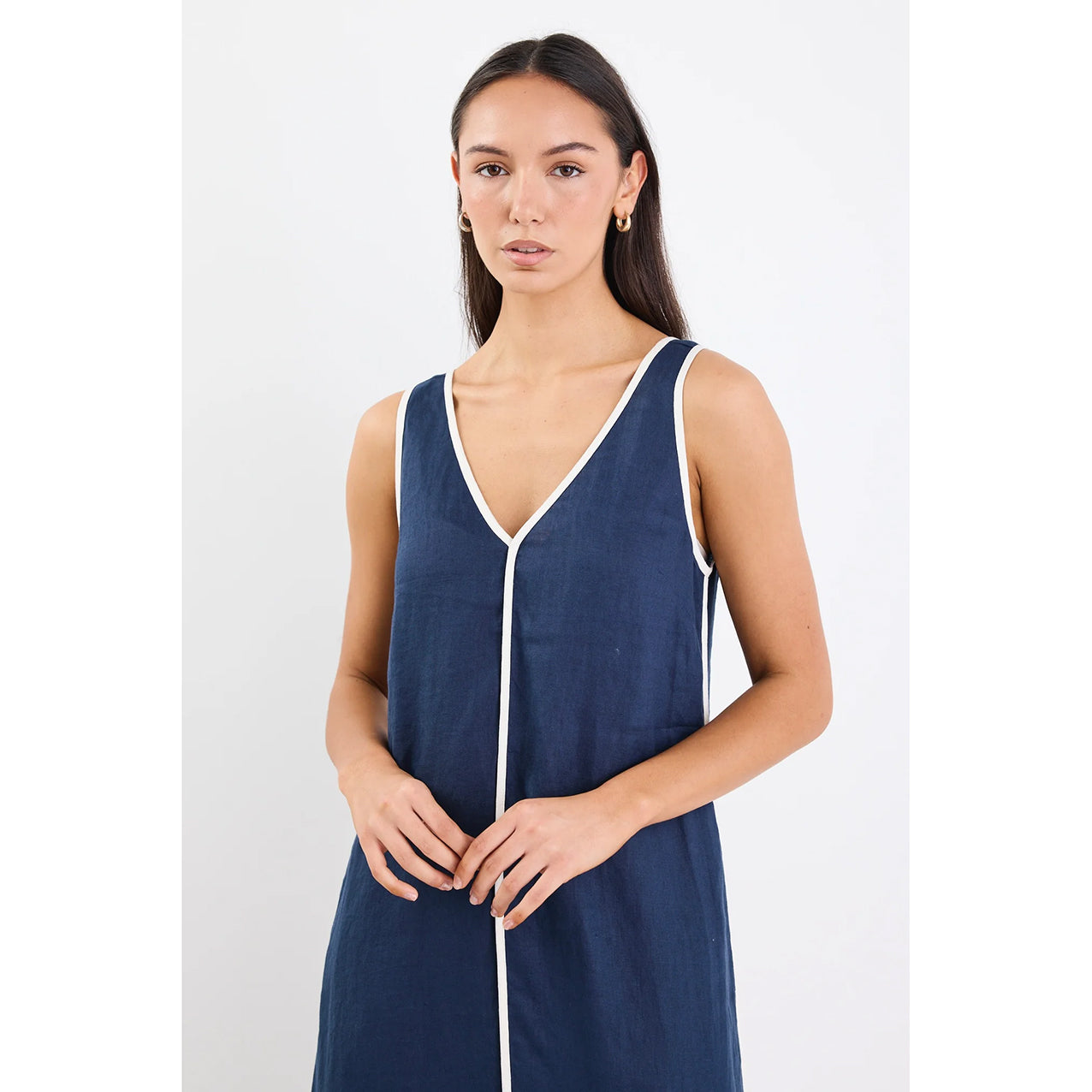 Siesta Navy Linen Contrast Sleeveless Maxi Dress