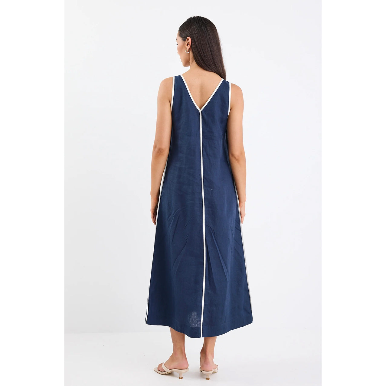 Siesta Navy Linen Contrast Sleeveless Maxi Dress