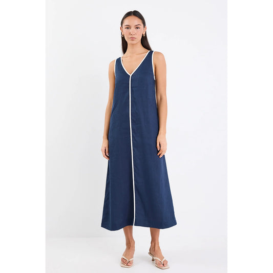 Siesta Navy Linen Contrast Sleeveless Maxi Dress