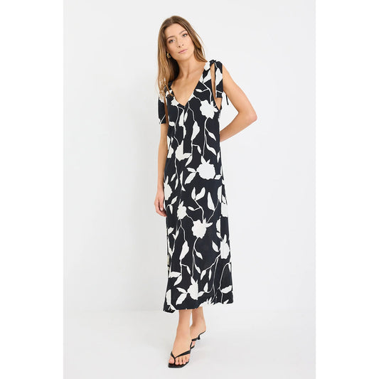 Spontaneous B&W Floral Tie Shoulder Relaxed Midi Dress