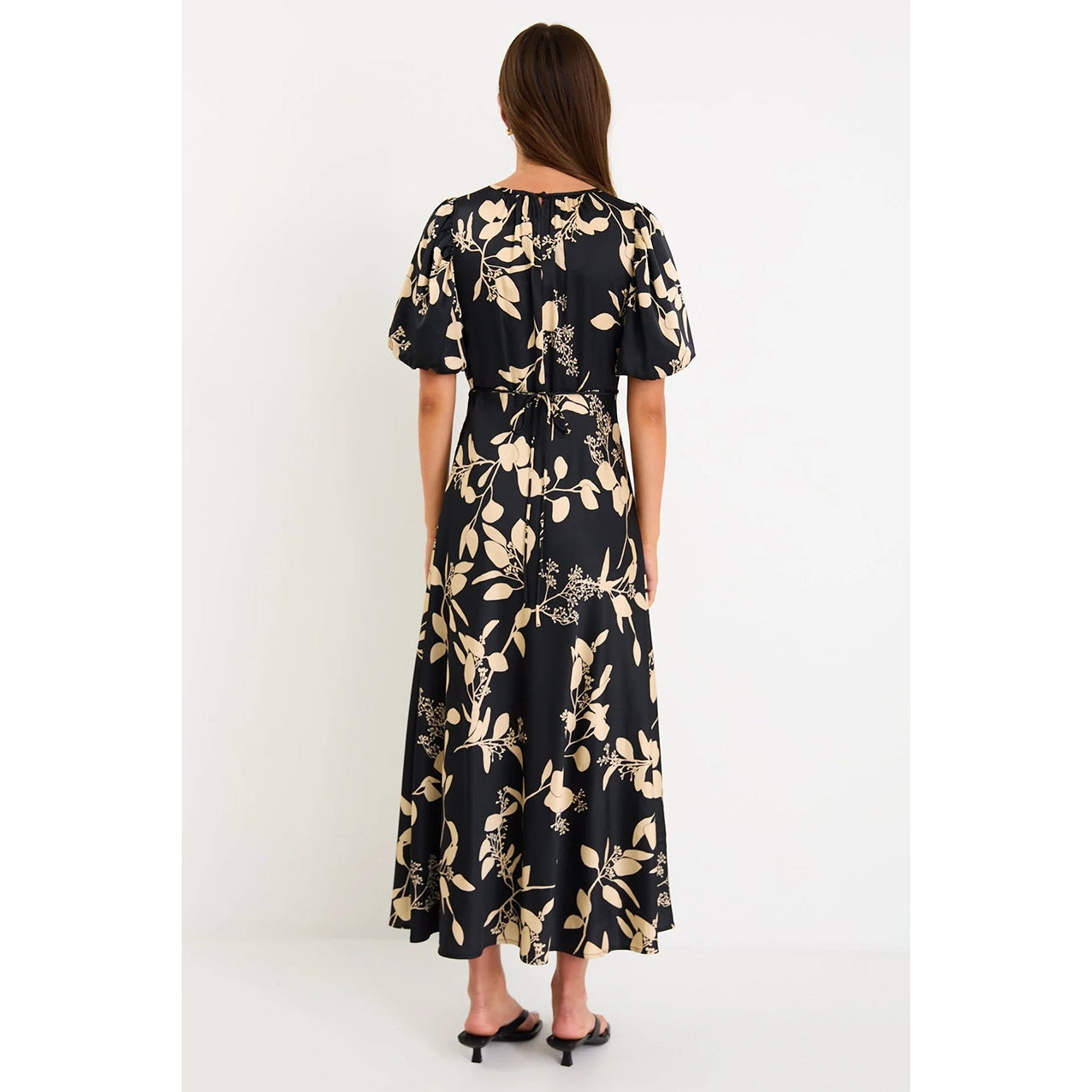 Stage Black Floral Satin Puff Sleeve Floaty Maxi Dress