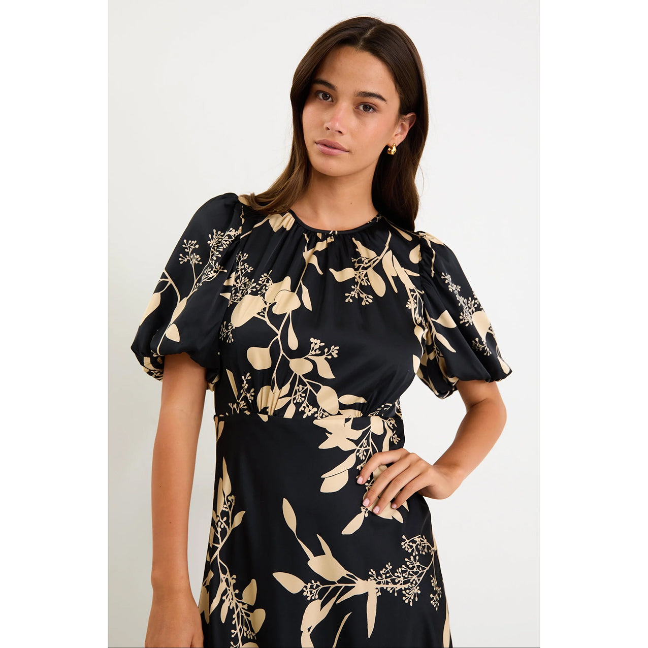 Stage Black Floral Satin Puff Sleeve Floaty Maxi Dress