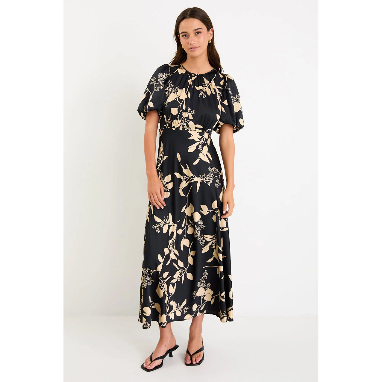 Stage Black Floral Satin Puff Sleeve Floaty Maxi Dress