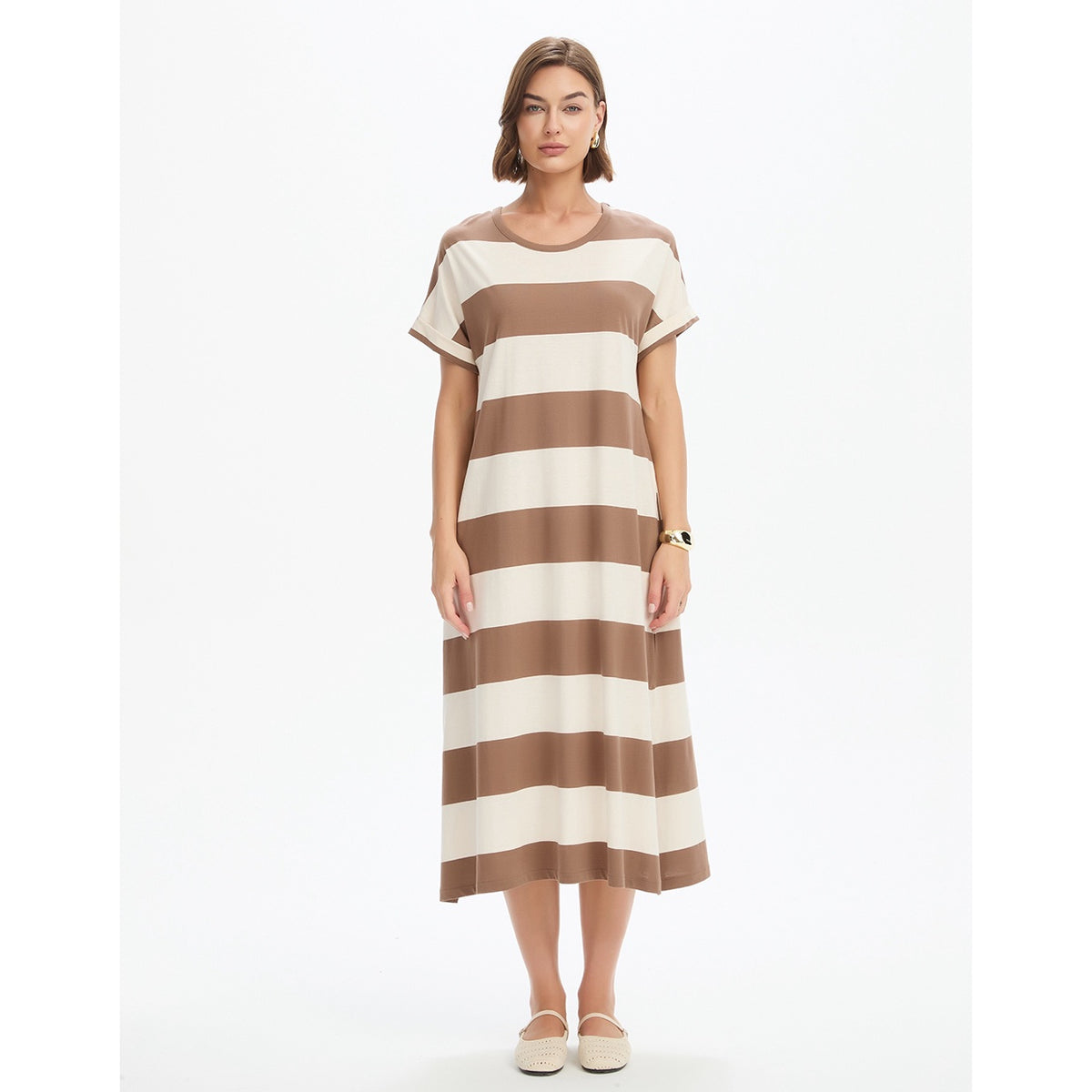 Stripe Easy Midi Dress Mocha/White