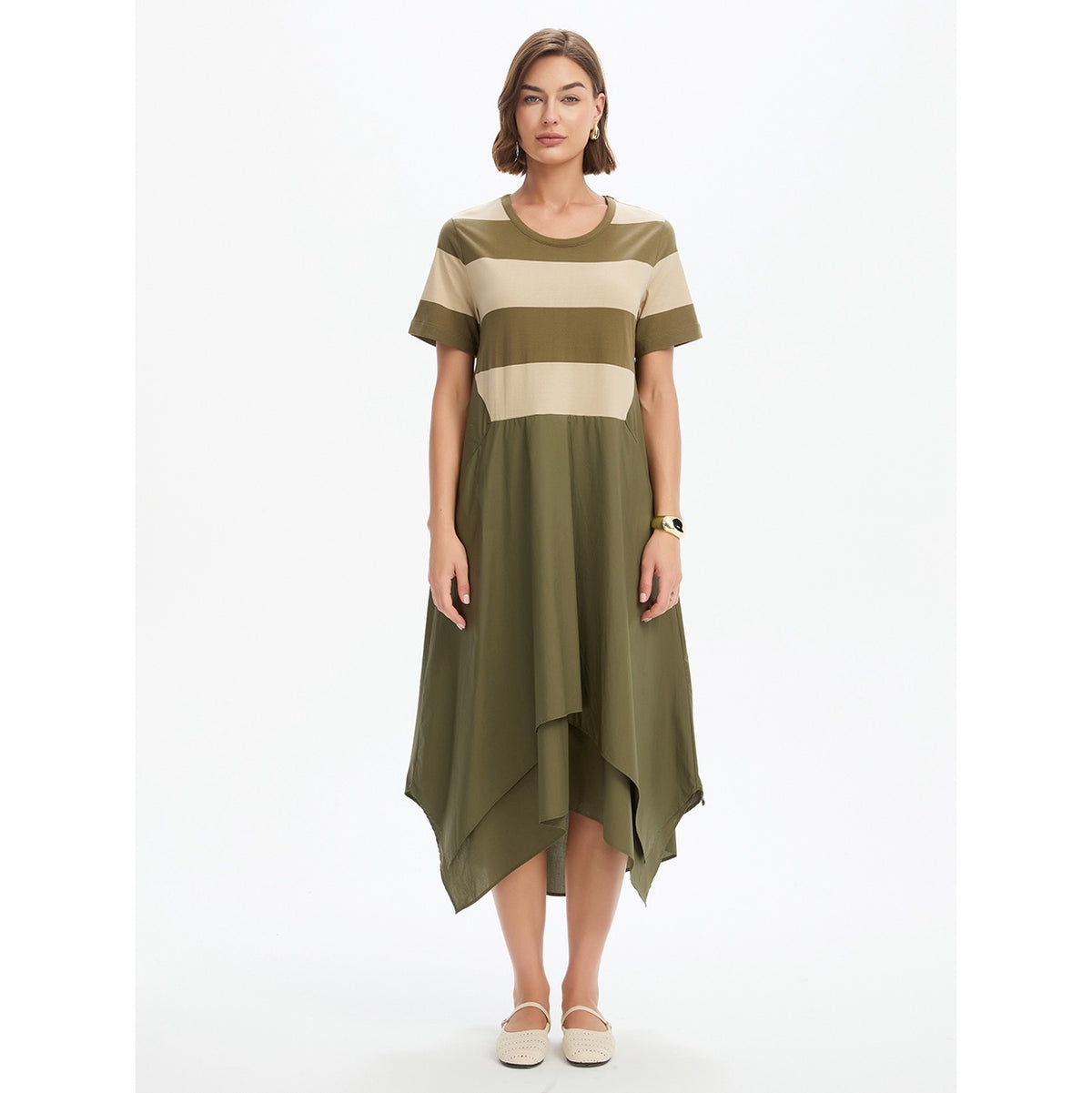 Stripe Hanky Hem Combi Dress Green/Beige