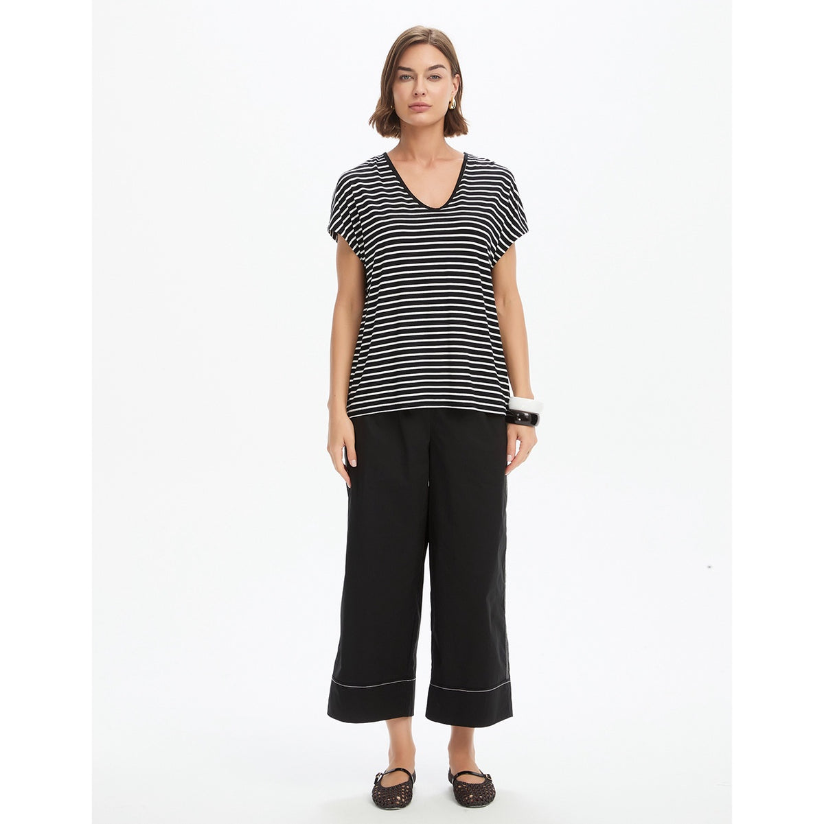 Stripe V Neck Swing Tee Black/White