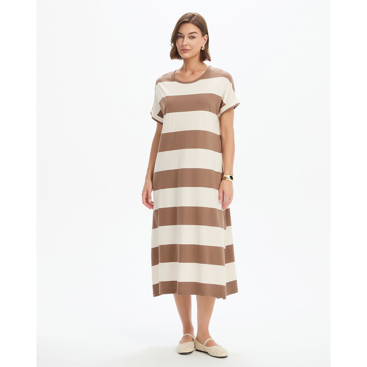 Stripe Easy Midi Dress Mocha/White