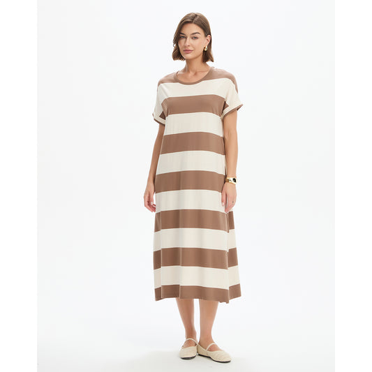 Stripe Easy Midi Dress Mocha/White