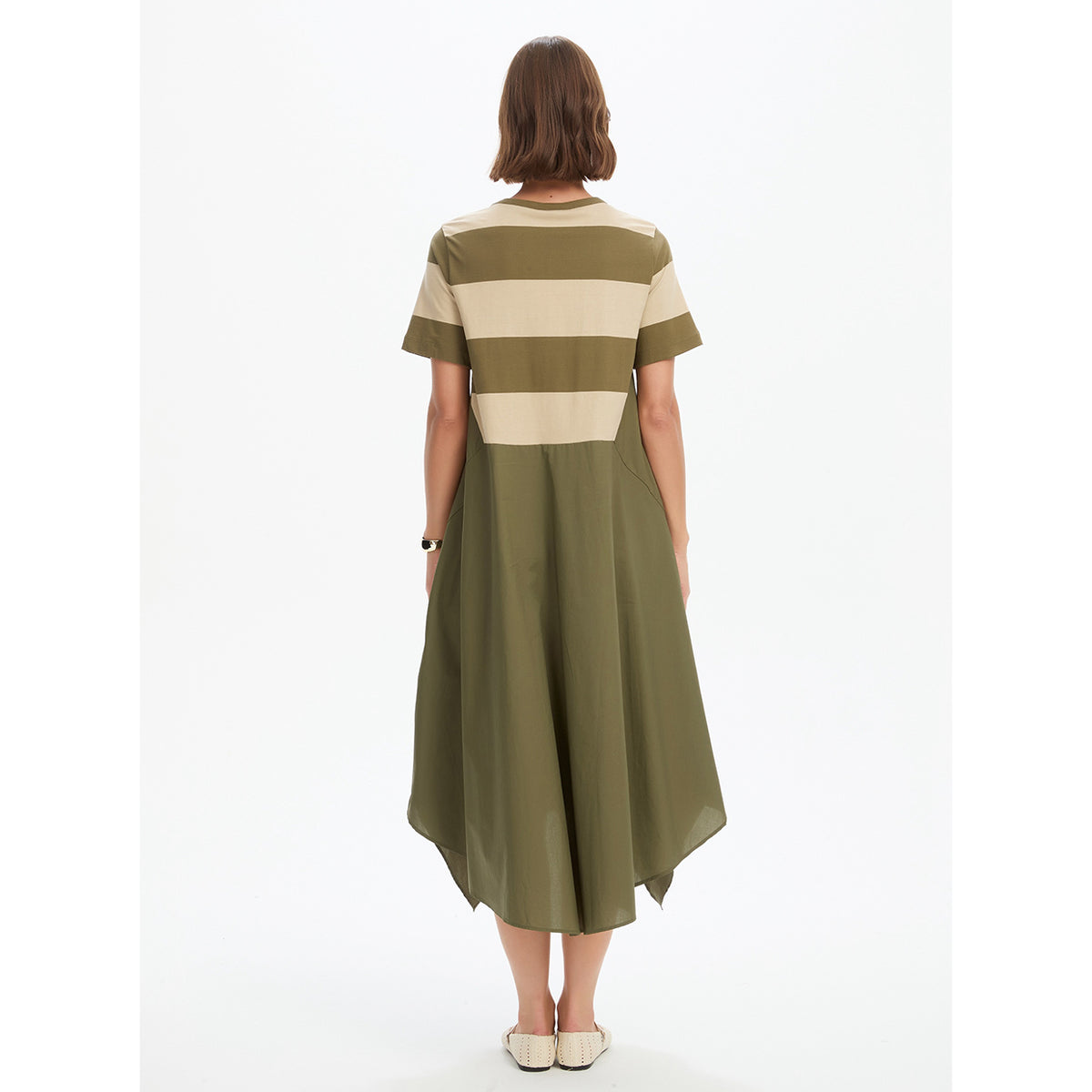 Stripe Hanky Hem Combi Dress Green/Beige