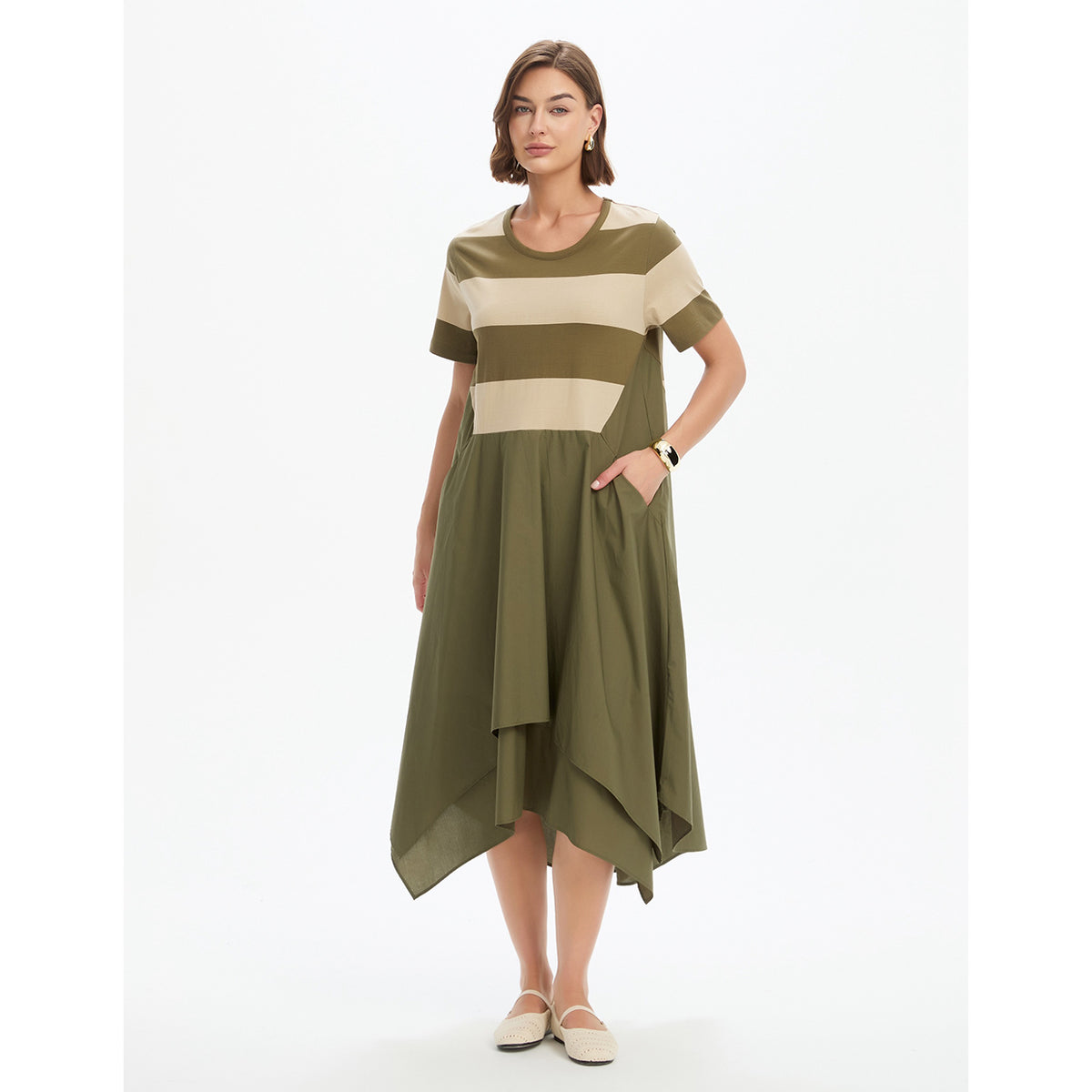 Stripe Hanky Hem Combi Dress Green/Beige