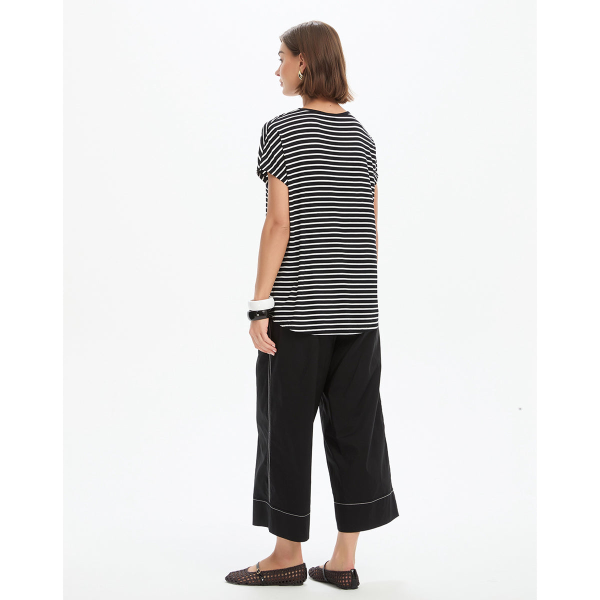 Stripe V Neck Swing Tee Black/White