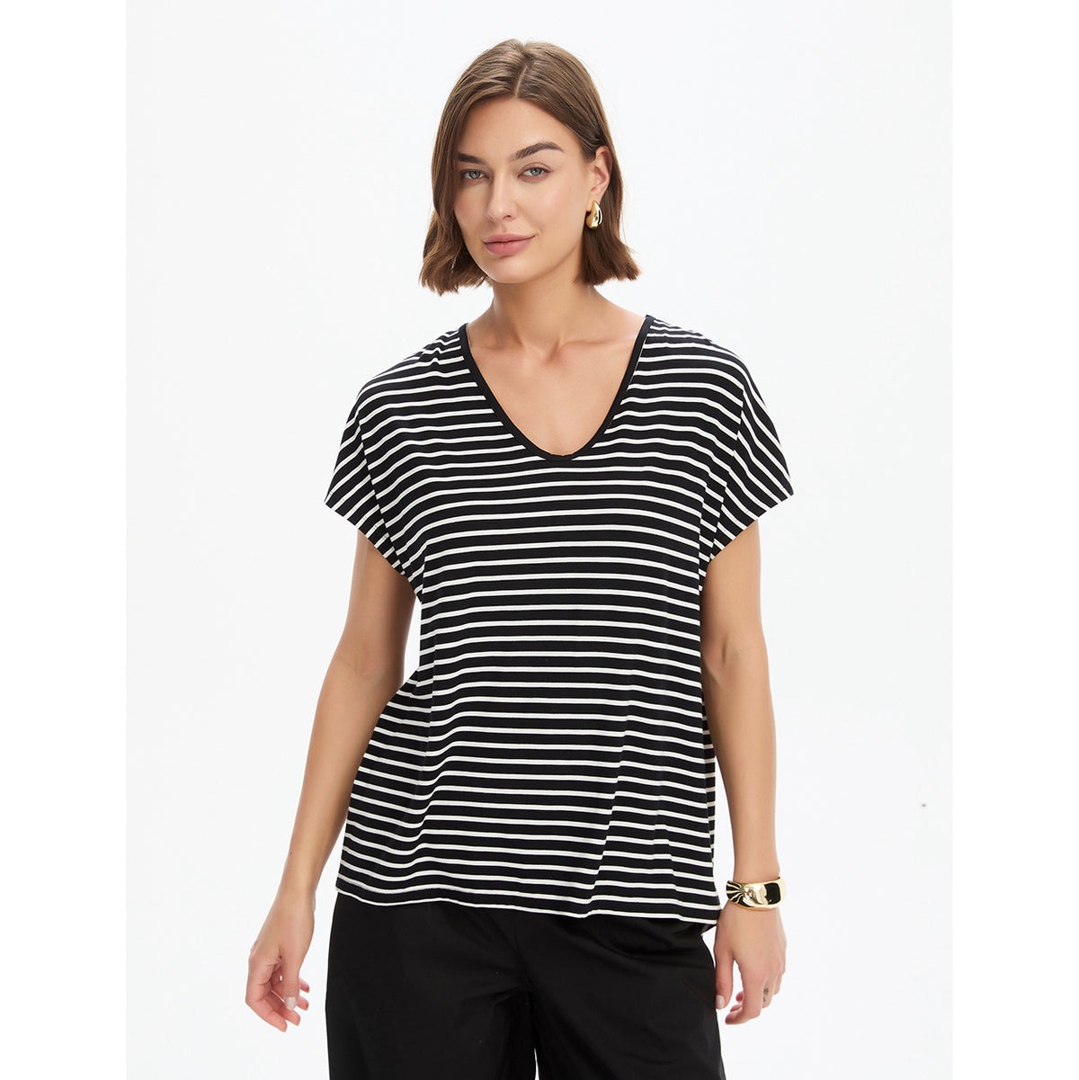 Stripe V Neck Swing Tee Black/White
