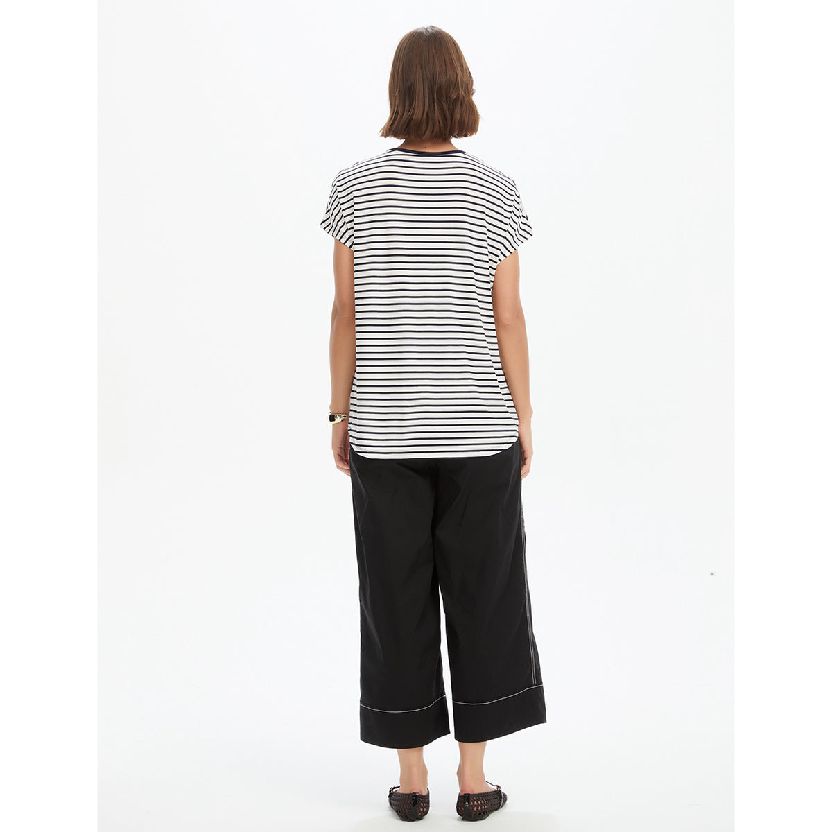 Stripe V Neck Swing Tee White/Black