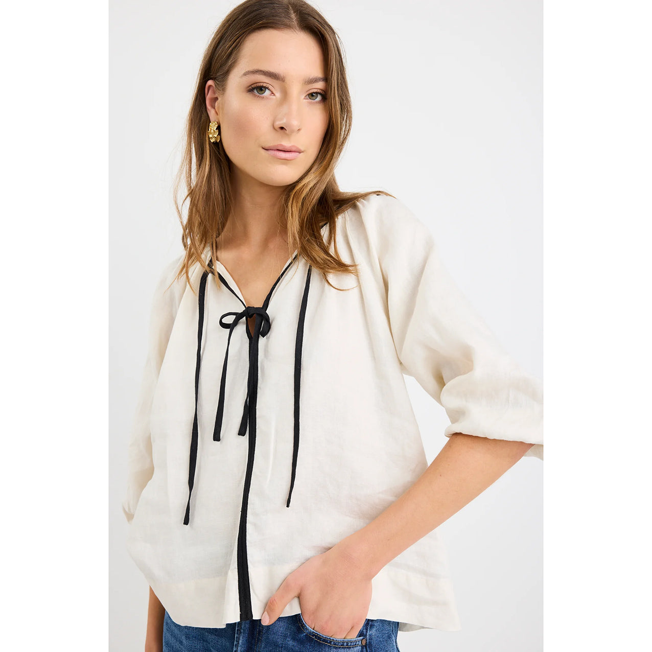 Subliminal Cream Black Trim Linen Top