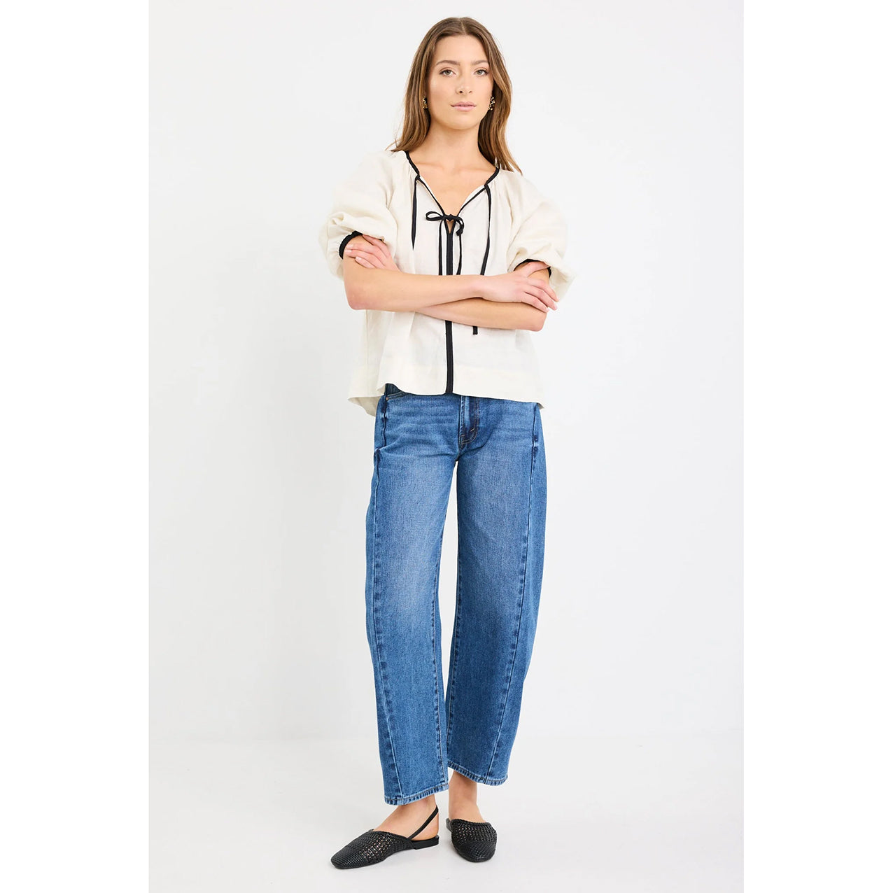 Subliminal Cream Black Trim Linen Top