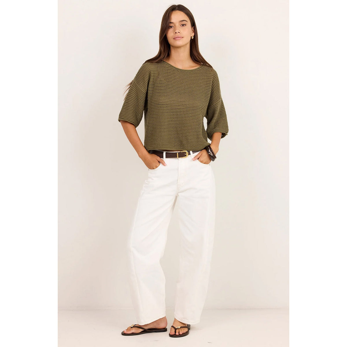 Sunrise Light Khaki Crochet Knit Top