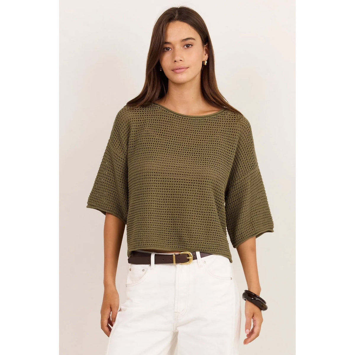 Sunrise Light Khaki Crochet Knit Top