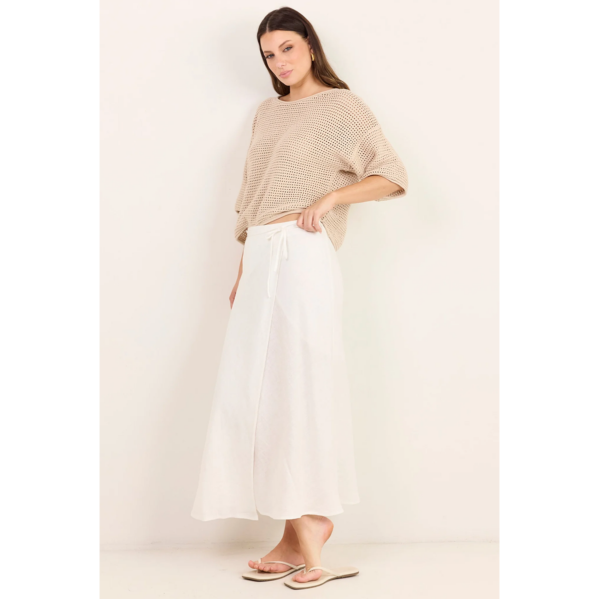 Sail White Linen Wrap Bias Maxi Skirt