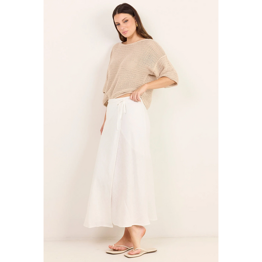 Sail White Linen Wrap Bias Maxi Skirt