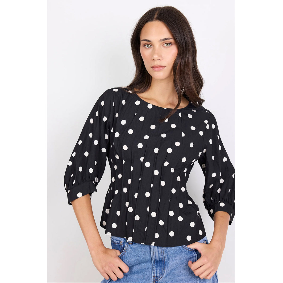 Theatrical Black Polka Dot Pintuck Top