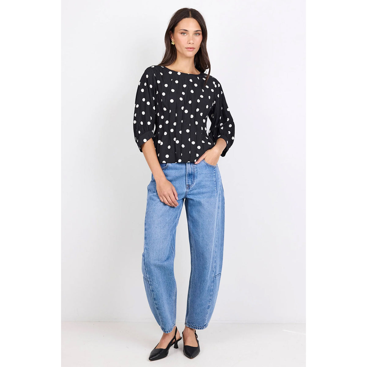 Theatrical Black Polka Dot Pintuck Top
