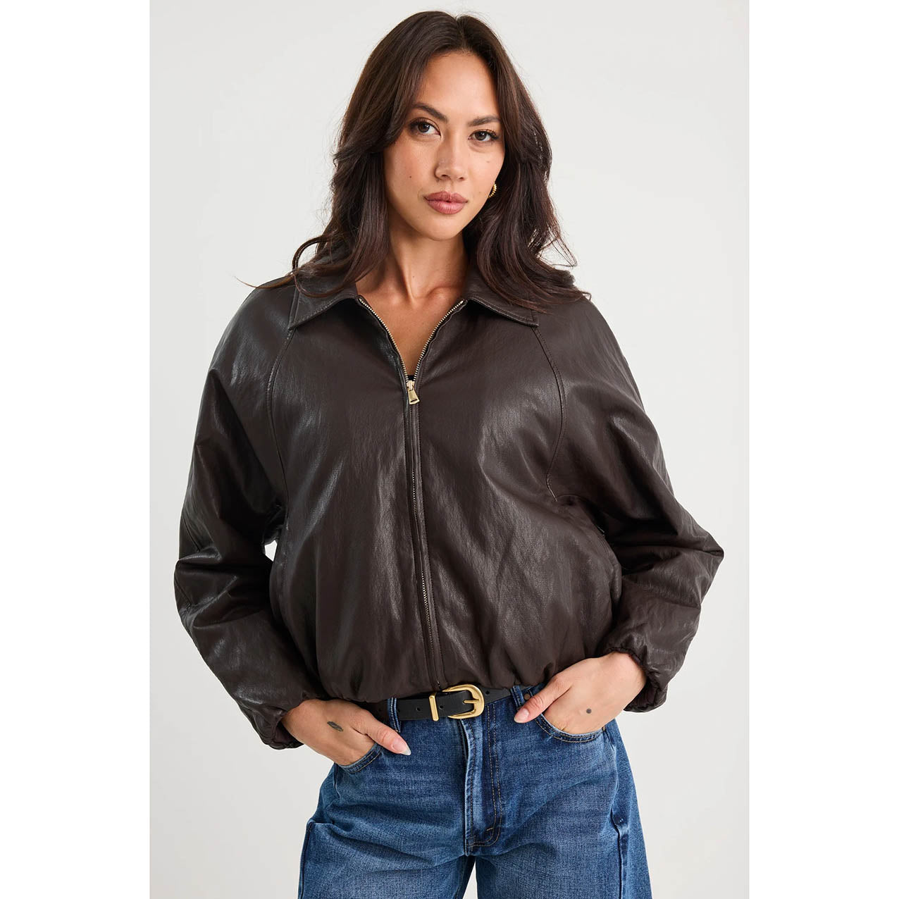 Troupe Chocolate PU Leather Zip Bubble Hem Jacket