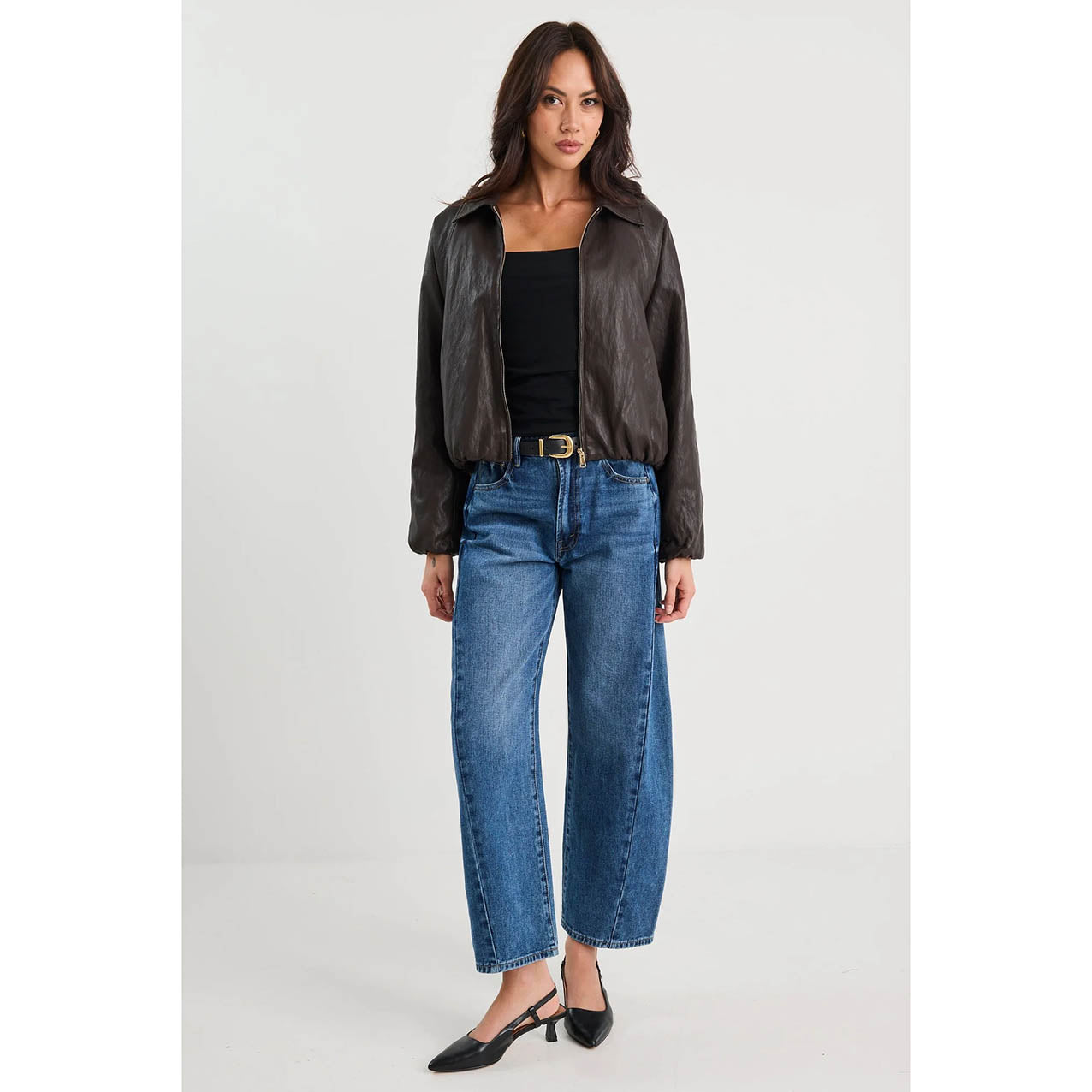 Troupe Chocolate PU Leather Zip Bubble Hem Jacket