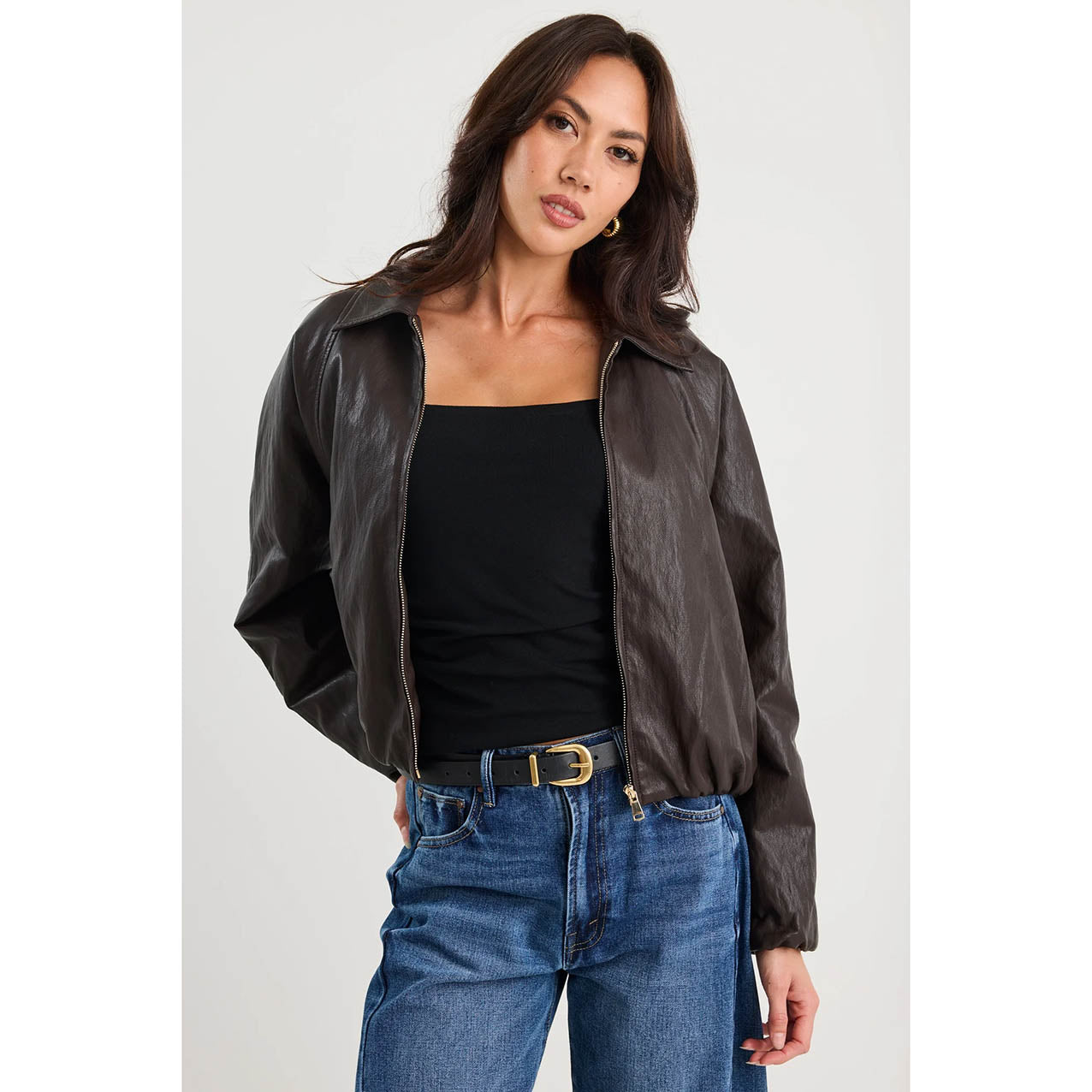 Troupe Chocolate PU Leather Zip Bubble Hem Jacket