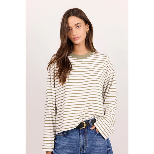 Unite Khaki White Stripe Binding Boxy Tee