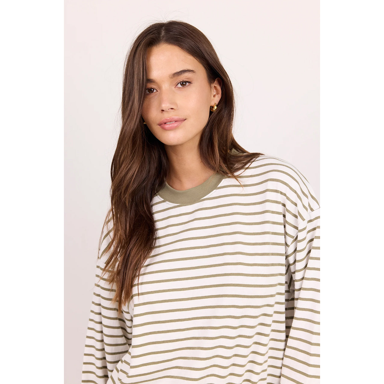 Unite Khaki White Stripe Binding Boxy Tee