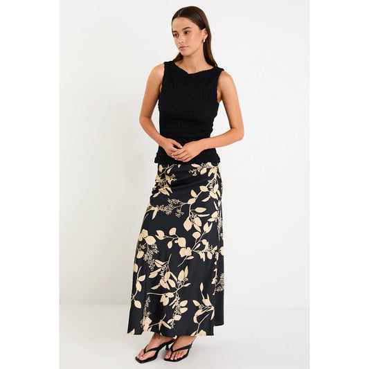 Prodigy Black Beige Floral Satin Bias Cut Maxi Skirt