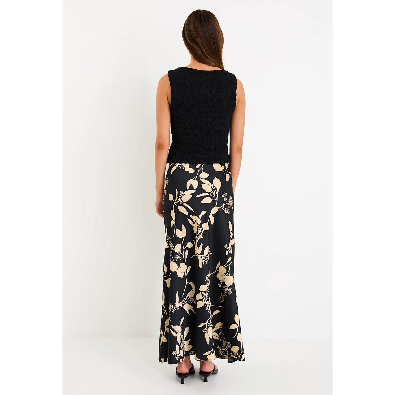 Prodigy Black Beige Floral Satin Bias Cut Maxi Skirt