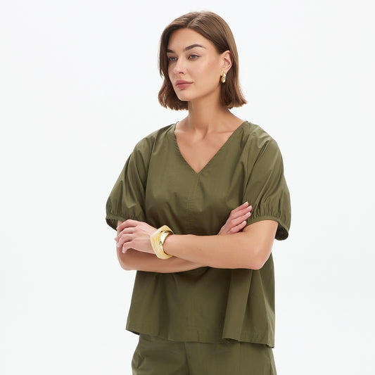 V Neck Bishop Sleeve Poplin Top Khaki