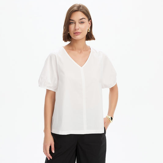 V Neck Bishop Sleeve Poplin Top White