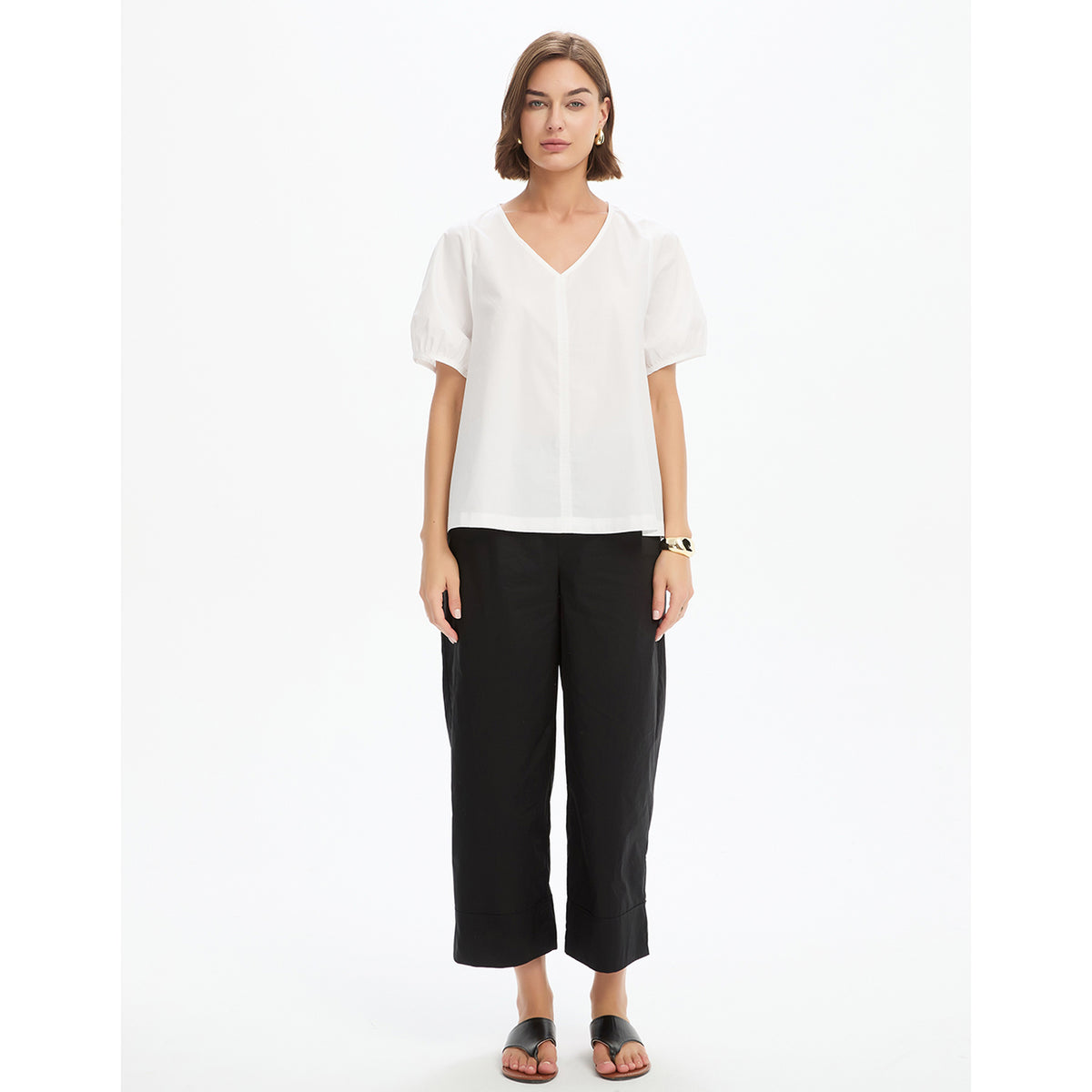 V Neck Bishop Sleeve Poplin Top White