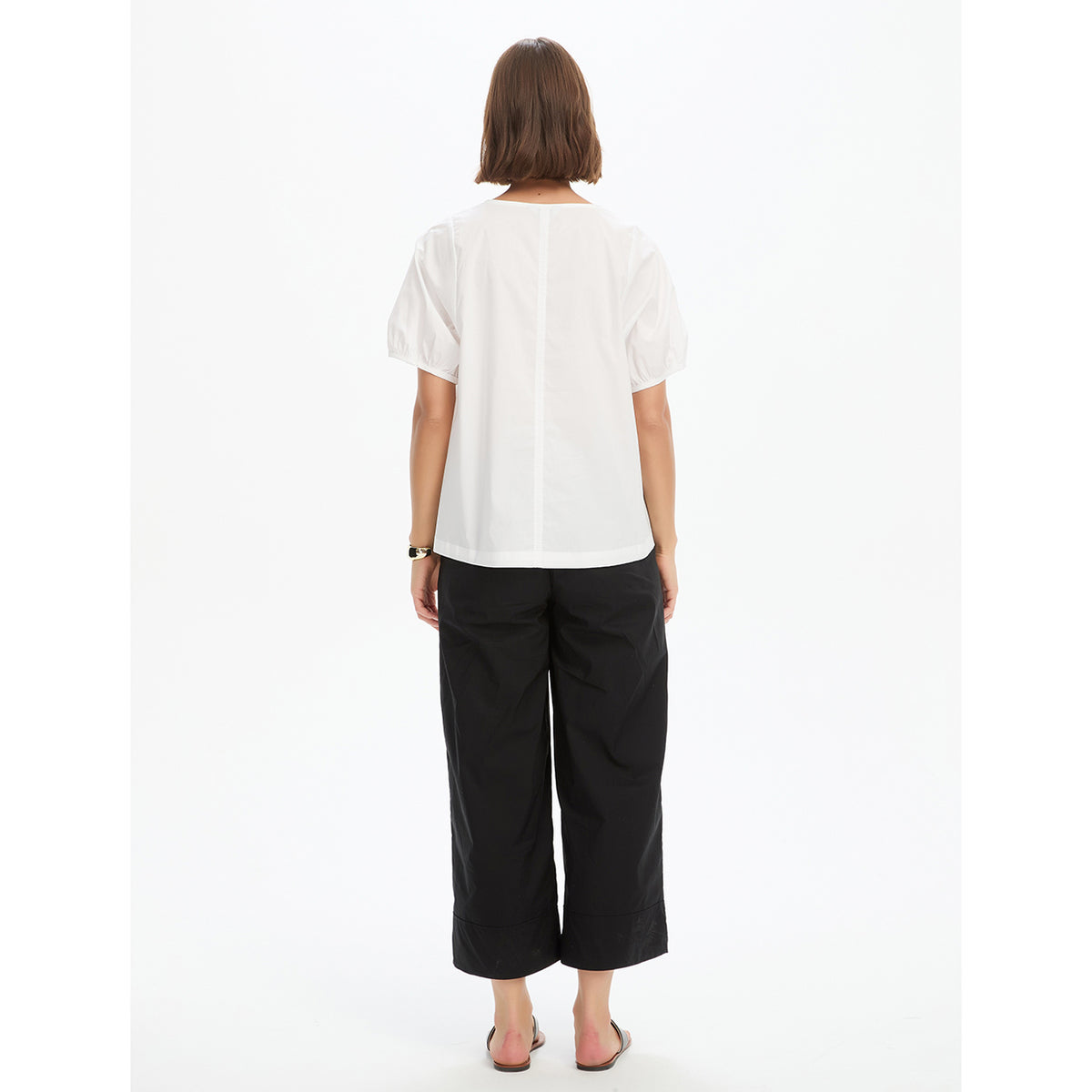 V Neck Bishop Sleeve Poplin Top White