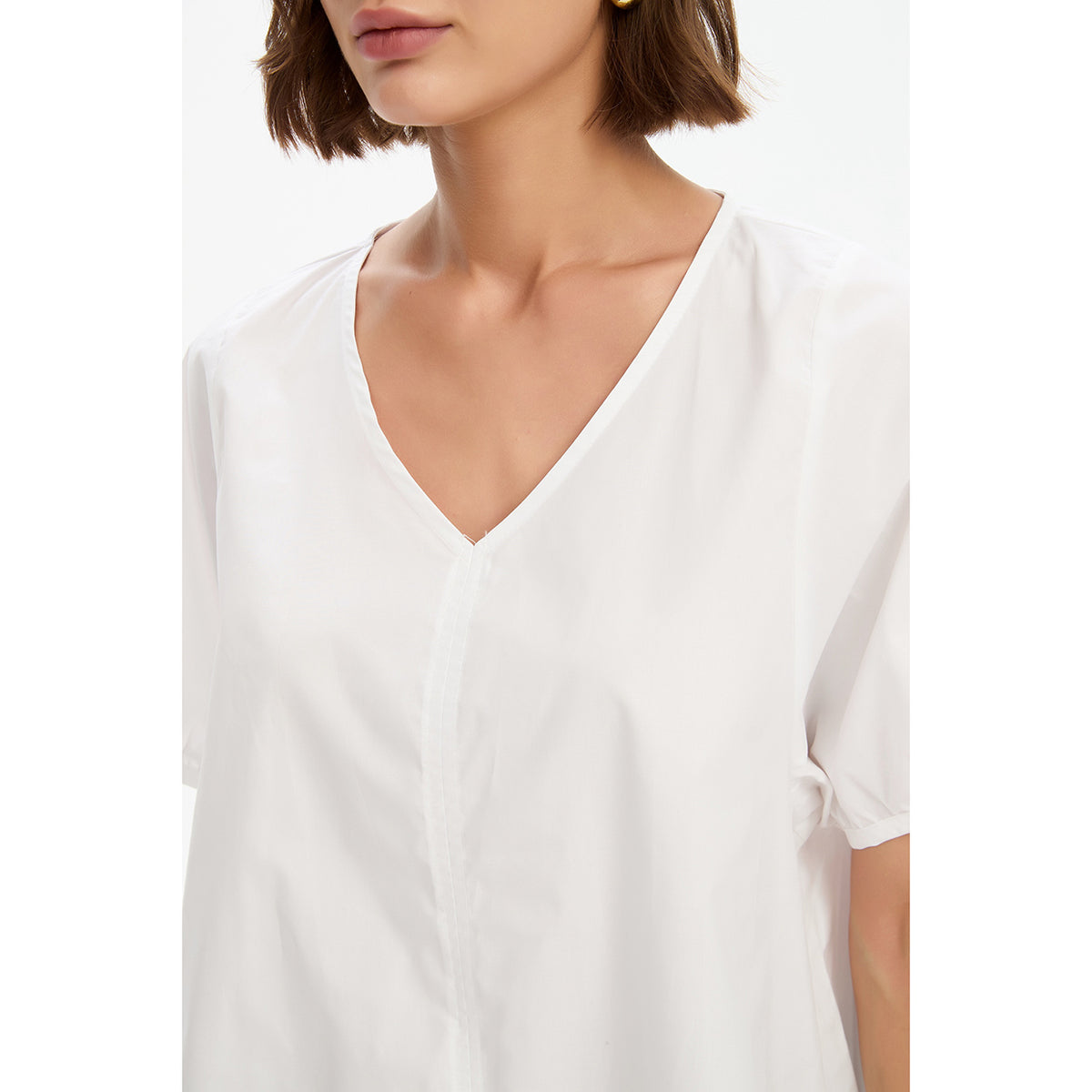 V Neck Bishop Sleeve Poplin Top White
